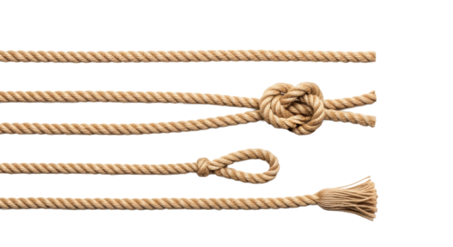 Natural brown jute rope elements (straight, square knot, loop, frayed end) arranged horizontally on a stark white studio background, high-key macro shot. Concept of corporate strength and connection