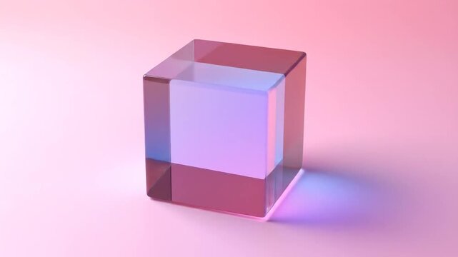 A translucent, rectangular prism in shades of pink and purple, casting a colorful shadow on a gradient background