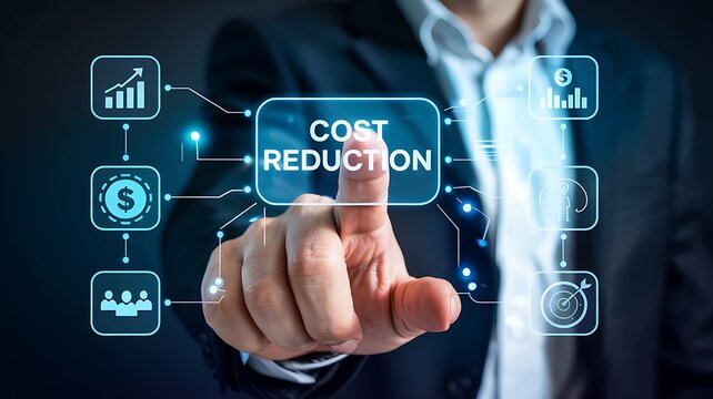 Businessman s finger touches digital screen displaying cost reduction with connected icons representing financial growth and efficiency