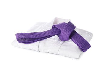 Karate uniform with purple belt on white background