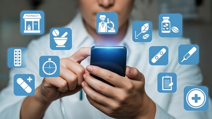 Doctor using smartphone with medical icons floating around representing digital health telemedicine and healthcare technology innovation