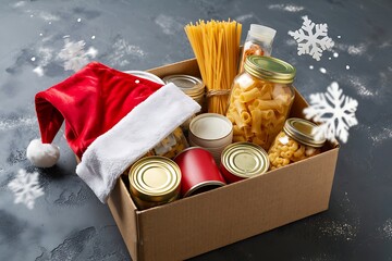 Festive holiday food donation box filled with non perishable groceries and a santa hat for christmas charity and giving season