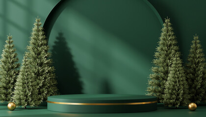 Elegant Christmas Product Showcase with Green Podium and Festive Trees Ready for Your Brand, Perfect for Holiday Marketing and Season's Greetings Campaigns