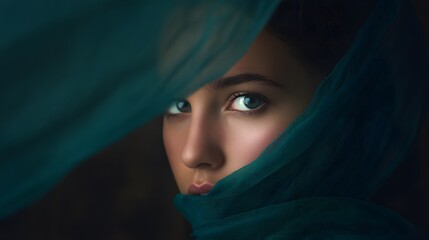 Mysterious woman veiled in teal light exudes captivating beauty a portrait of elegant depth