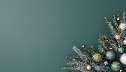 Elegant Christmas decorations with golden ornaments and pine branches, perfect for holiday greetings, promotional banners, festive invitations and winter events