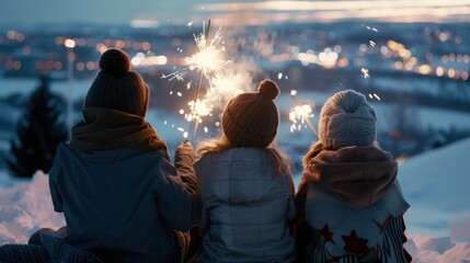 Group of Friends Holding Sparklers on Snowy Hill at Dusk Watching Distant New Year Fireworks over City Skyline symbolizing Adventure