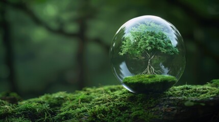 Conceptual Sustainability Image of Miniature Tree Growing inside Glowing Lightbulb on Forest Floor representing Renewable Green Energy and Eco Innovation