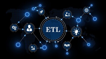 etl extract transform load interface with global icons. advanced cybernetic screen with information transfer icons. etl data visualization with business analytics symbols. - Powered by Adobe