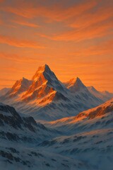 눈 덮인 산과 석양