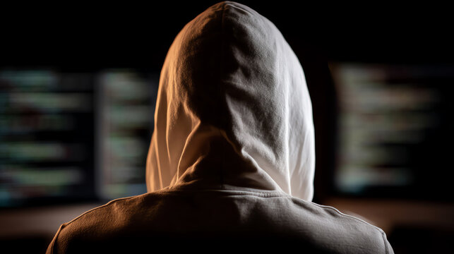 A person wearing a white hoodie is seen from behind, facing multiple screens displaying blurred lines of code in a dimly lit environment, suggesting cybersecurity or hacking activity