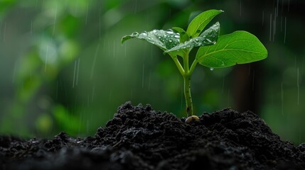 Extreme Macro Shot of Green Sprout Emerging from Dark Rich Compost Soil with Water Droplets showing Agricultural Growth and Environmental Soil Health