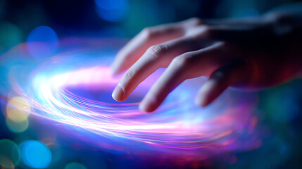 A hand hovers over a swirling vortex of vibrant, glowing light trails in shades of blue, purple, and pink, creating a futuristic and dynamic visual effect
