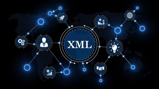 xml file format visualization with business innovation symbols. advanced cybernetic screen with coding and parsing icons. strategic file transfer interface with connected nodes.
