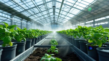 Interior of Massive Commercial Greenhouse Nursery with Symmetrical Rows of Plants and Mist Irrigation System showing Industrial Agriculture Scale