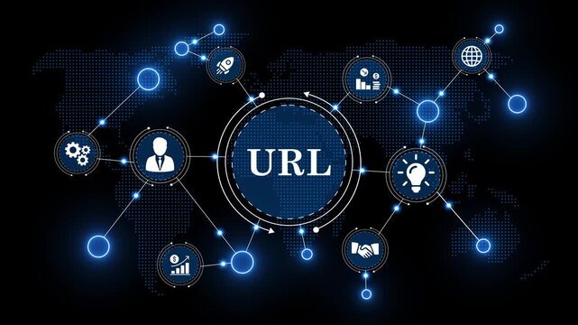 url data visualization with business success symbols. global internet connection and url network dashboard. innovative internet locator system technology graphic.