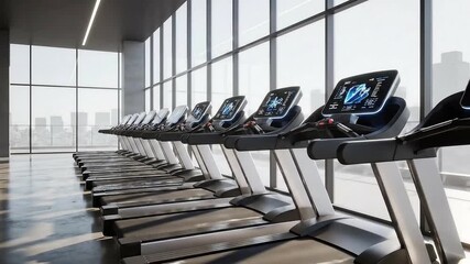 Modern gym interior with a line of advanced treadmills facing expansive windows overlooking a city skyline for a cardio workout