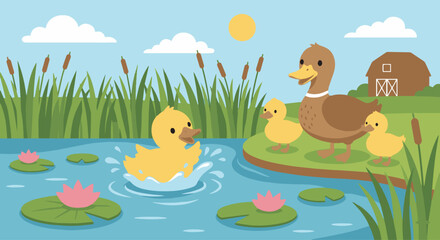 Duckling Learning to Swim
Flat vector duckling swimming in a small farm pond with lily pads
