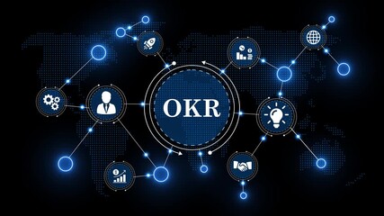 okr objectives and key results interface with global icons. innovative tracking system technology graphic with world map. okr data visualization with business success symbols. - Powered by Adobe