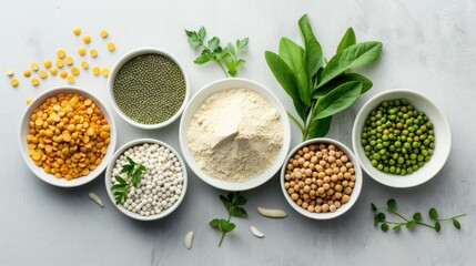 Minimalist Flat Lay of Plant-Based Protein Ingredients including Peas Beans Lentils and Powder on Concrete Background for Food Science Concept