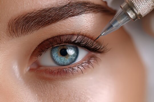Primer plano de un ojo recibiendo tratamiento de microblading.