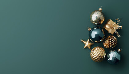 Elegant Christmas Ornaments and Golden Gift on Festive Green, Perfect for Holiday Greetings and Celebrations, Evoking Warmth and Joyful Spirit