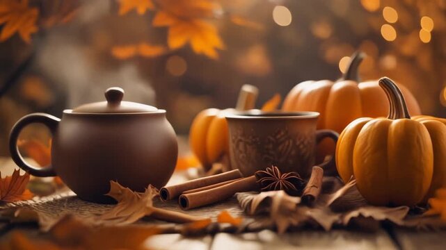A warm and cozy autumn tea table arrangement with steaming teapot, cinnamon sticks