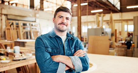 Carpenter, portrait and man with arms crossed, workshop and happy for craftsmanship or...