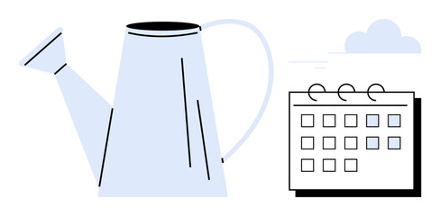Watering can beside a calendar implies nurturing, scheduling, and growth. Ideal for planning, gardening, time management, productivity, goal setting personal development agriculture. Simple flat