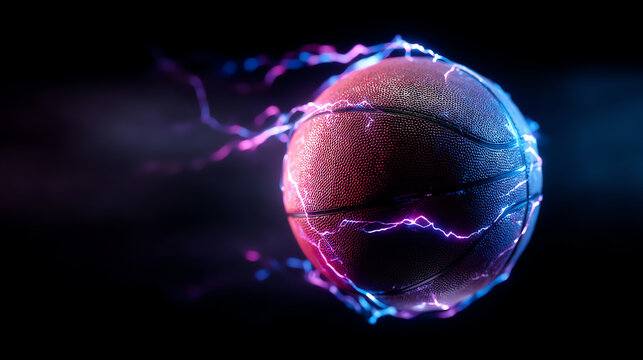 A close-up of a basketball surrounded by glowing electric purple and blue lightning effects on a dark background