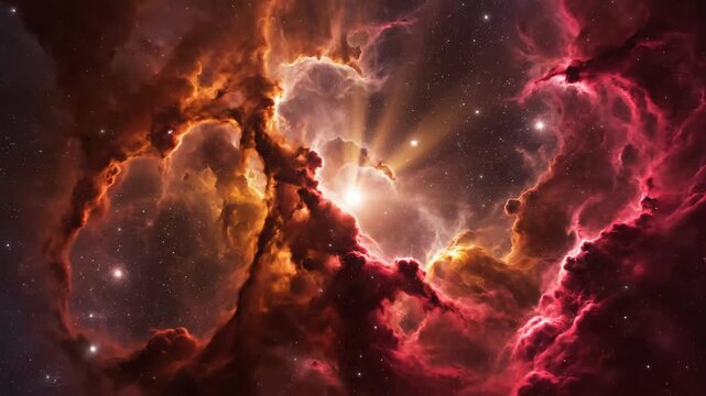 Abstract cosmic nebula formation with glowing light and swirling cloud patterns