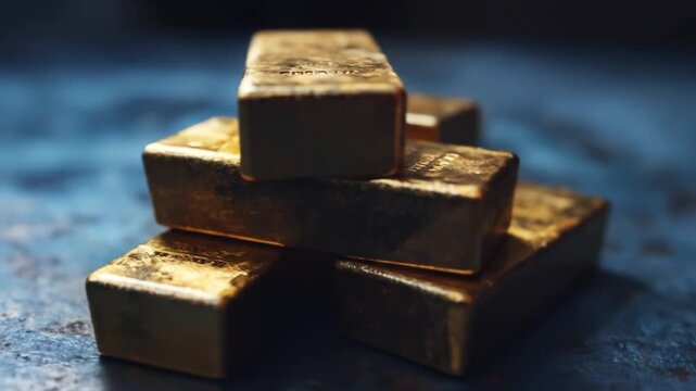 Stacked gold bars glow on a textured blue surface, warm light highlights their solid heft. Rich hue