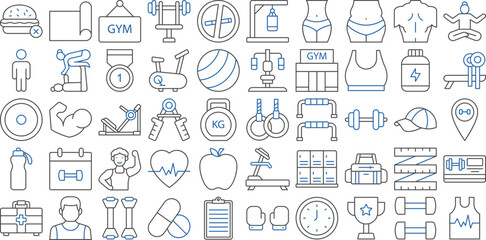 Fitness and Gym Icon Set Vector Illustration for Workout, Exercise, Bodybuilding, Training Equipment, and Active Lifestyle Designs