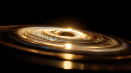 A glowing, swirling disk of light surrounds a dark central sphere, resembling a black hole with an accretion disk emitting bright golden hues against a dark background