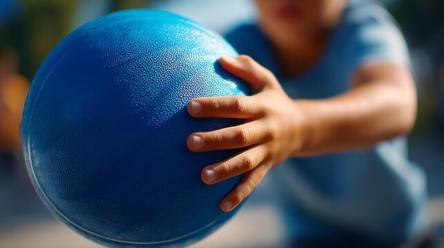 A young boy is holding a blue basketball
