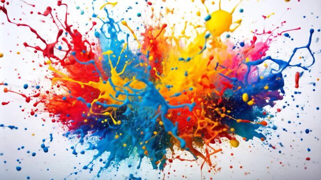 A vibrant explosion of colors - red, blue, and yellow splashes - over a white background