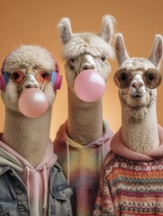 Fototapeta premium Tres alpacas con estilo, disfrutando de un día relajado.