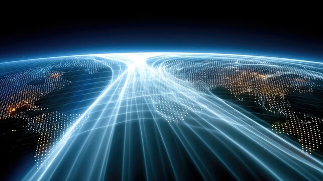 A digital representation of the planet Earth, illuminated by city lights and crisscrossed by bright, glowing data streams, suggesting global connectivity and in