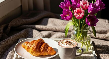 International Women's Day breakfast with vibrant tulips, croissant and coffee offers warmth and cozy celebration