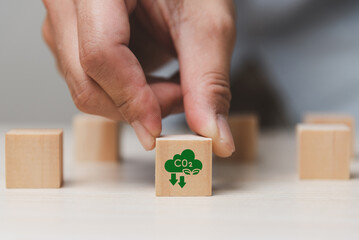 Carbon emission concept. Sustainable business development. Net zero emissions. Renewable energy, sustainable technology, ecology solutions. Wood block with CO2 emission reduction icon.