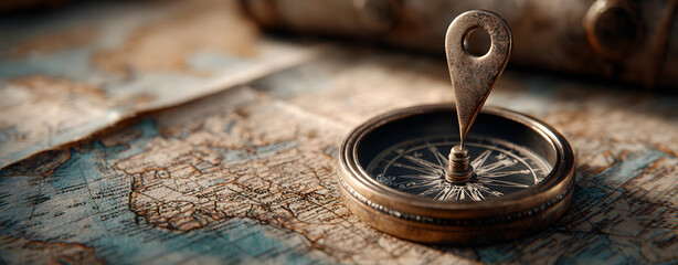 Magnetic compass and location marking with a pin on routes on world map. Adventure, discovery, navigation, communication, logistics, geography, transport and travel theme concept background..