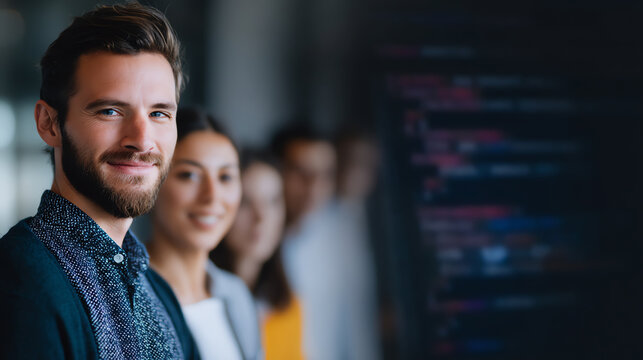 Smiling young professionals stand in a row, focusing on a man in the foreground, with blurred colleagues and computer code visible in the background, suggesting teamwork and software development