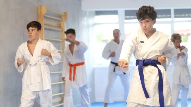 Group of children posing together, practicing karate moves at class indoor in sports gym