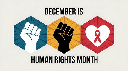 December is human rights month with diverse fists and a heart symbol representing solidarity and awareness