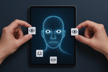 Facial recognition technology on digital device with ai deepfake concept raising concerns about crimes and identity security in modern world