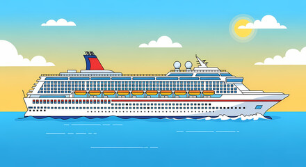 A bright illustration of a massive cruise ship sailing across a calm blue ocean under a sunny sky. Represents luxury travel, vacation, holiday, and international transport.