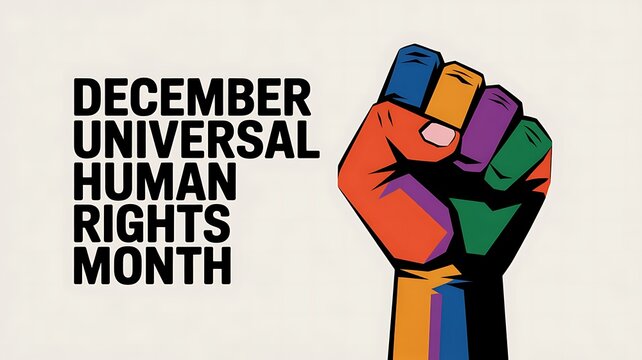 Fist raised in solidarity with rainbow colors representing human rights and diversity during december universal human rights month celebration - Powered by Adobe