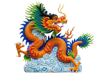 Vibrant and majestic traditional chinese dragon statue with intricate details and vivid colors, symbolizing power and good fortune, isolated on transparent background