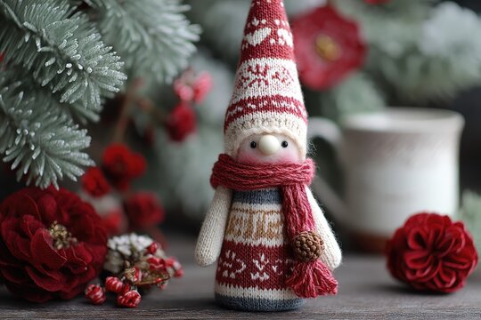 Un adorable gnomo tejido observa la magia de la Navidad.