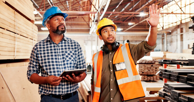 Carpentry, inspection and men with tablet, workshop and discussion with manager, team and production. Small business, supervisor and people with tech for quality control, manufacturing and woodwork