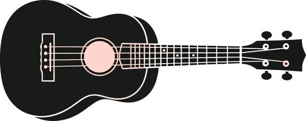 Black ukulele, a small fourstringed musical instrument popular in hawaiian music, pink soundhole, isolated on white background